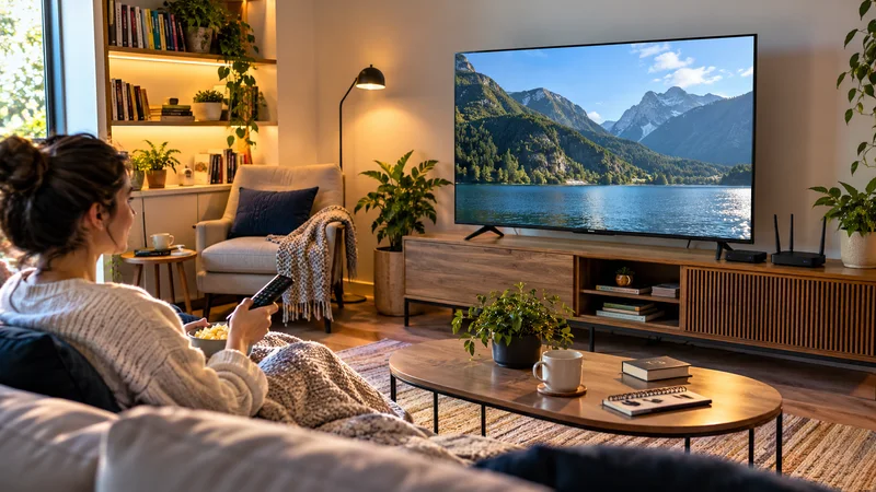 Pessoa no sofá com aparelho nas mãos diante de televisão com montanhas e lago.