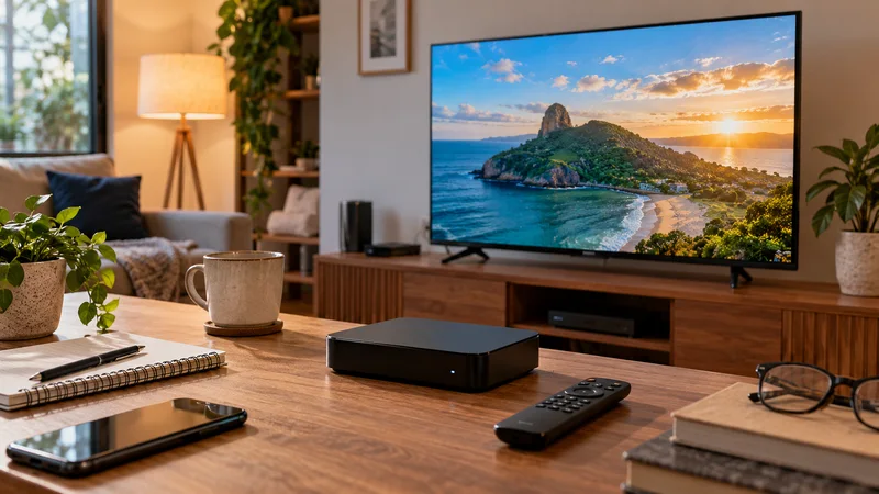 Televisão com paisagem costeira, controle e aparelho de reprodução sobre a mesa.