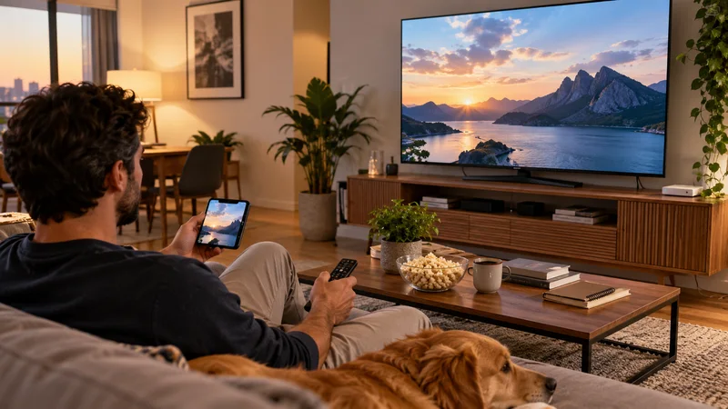 Pessoa com celular e controle remoto diante de televisão com costa ao pôr do sol.